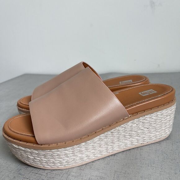 FitFlop Women's Eloise Leather Platform Espadrille Sandals Slides Tan Beige US 8 - Picture 1 of 11